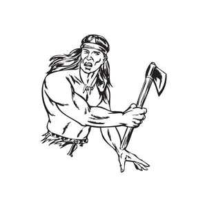 Native American warrior decal: black-and-white illustration holding an axe