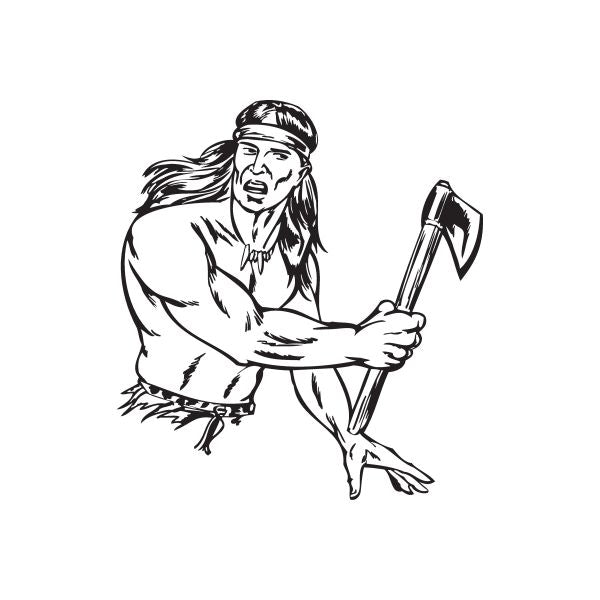 Native American warrior decal: black-and-white illustration holding an axe