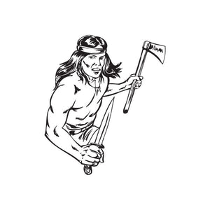 Warrior decal of Native figure holding an axe, black-and-white line art
