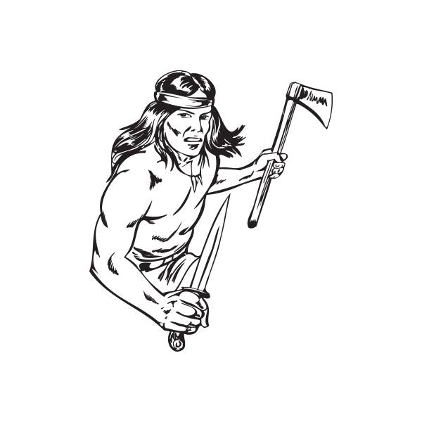 Warrior decal of Native figure holding an axe, black-and-white line art