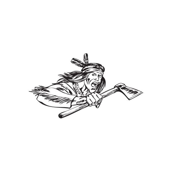 Native American warrior tomahawk decal, black and white line art