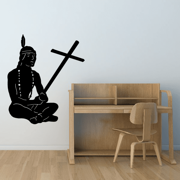 Native American with cross wall decal, black silhouette figure holding a cross