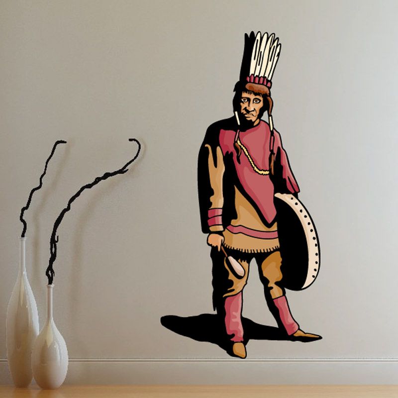 Native American with drum sticker: standing figure in red and black headdress