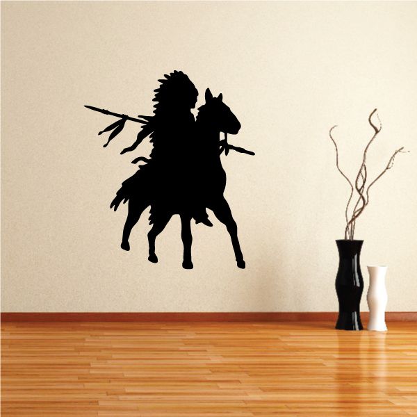 Native American horse rider with headdress wall decal, black silhouette
