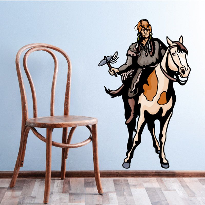 Native American rider sticker on horse, holding a tomahawk