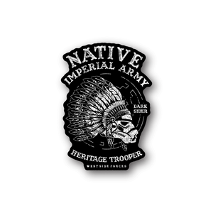 Vinyl sticker with Native Imperial Army Heritage Trooper emblem in white on dark backing