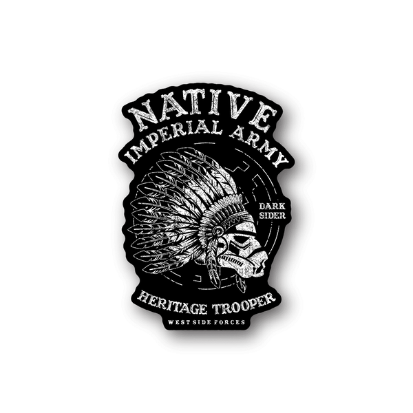 Vinyl sticker with Native Imperial Army Heritage Trooper emblem in white on dark backing
