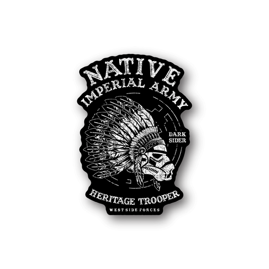Vinyl sticker with Native Imperial Army Heritage Trooper emblem in white on dark backing
