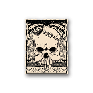 Native-style skull vinyl sticker with ornate border, light beige skull and dark lines