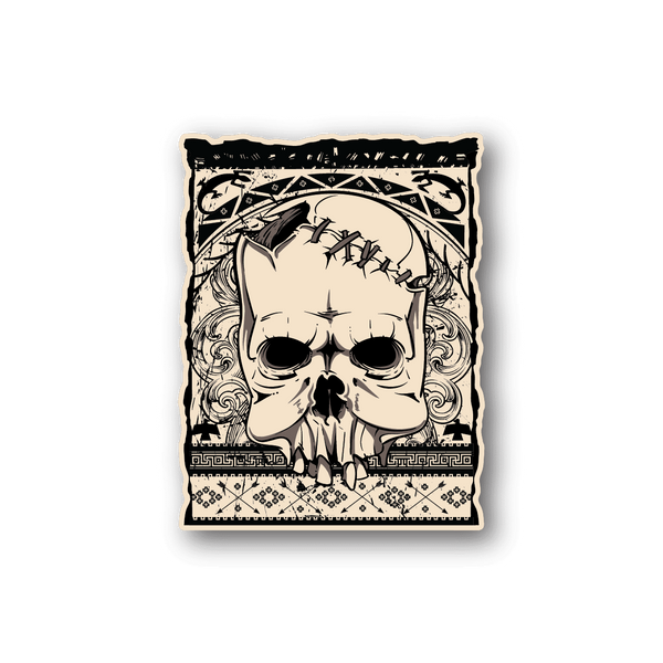 Native-style skull vinyl sticker with ornate border, light beige skull and dark lines