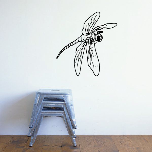Flying dragonfly wall decal with outlined line art