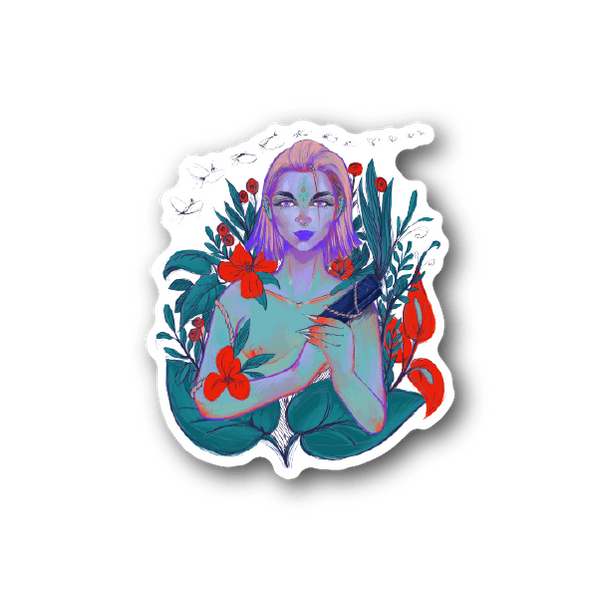 Vinyl sticker of illustrated woman with blue-purple hair and red flowers