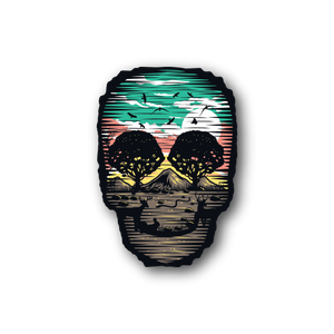 Desert skull vinyl sticker with trees and sunset landscape