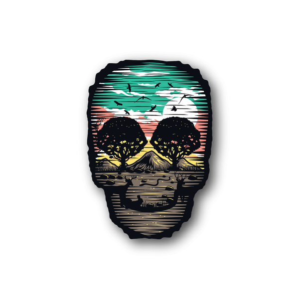 Desert skull vinyl sticker with trees and sunset landscape