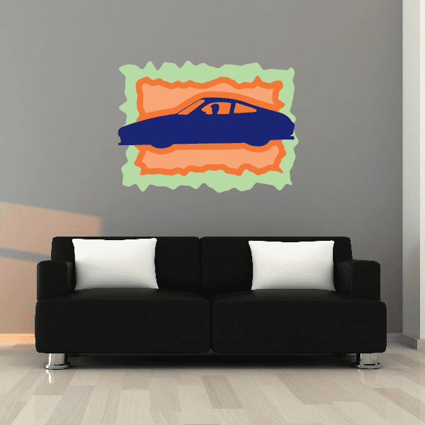Race car sticker with navy car, green frame and orange accents