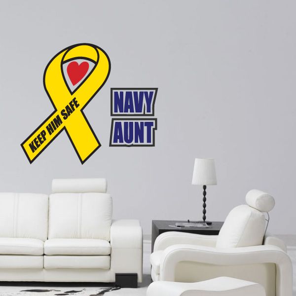 Navy aunt die-cut decal with yellow awareness ribbon and blue “NAVY AUNT” text