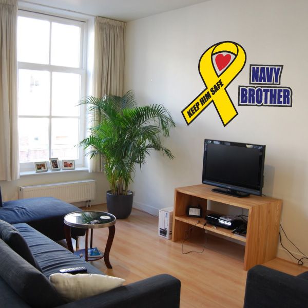 Navy brother ribbon printed die-cut decal with heart and 'Keep Music Safe' text