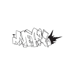 Graffiti decal sticker with stylized black lettering, jagged outline and spray burst