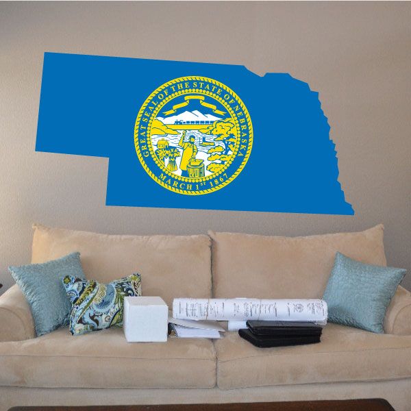 Nebraska state flag sticker with blue state outline and circular state seal
