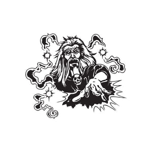 Necromancer casting spells decal, black-and-white wizard skull with clawed smoke flames