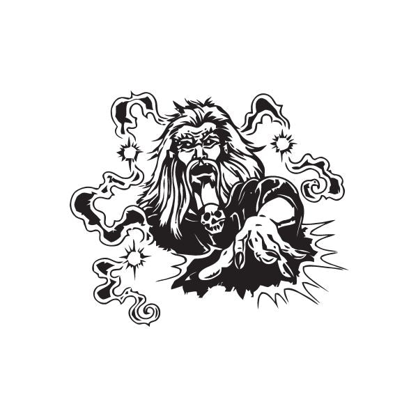 Necromancer casting spells decal, black-and-white wizard skull with clawed smoke flames