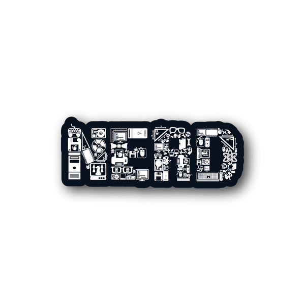 Nerd-themed vinyl collage sticker with navy background and white tech icons