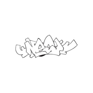 Graffiti-style wall decal with black and white abstract lettering
