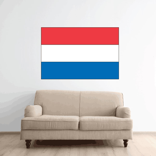Netherlands flag sticker with red, white, and blue horizontal stripes, rectangular