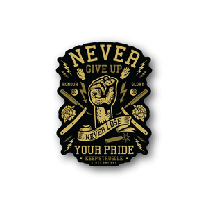 Vinyl sticker with black and gold crest, raised fist and pride slogan