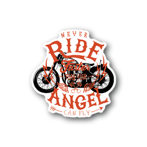 Motorcycle vinyl sticker, angel graphic with red and black text