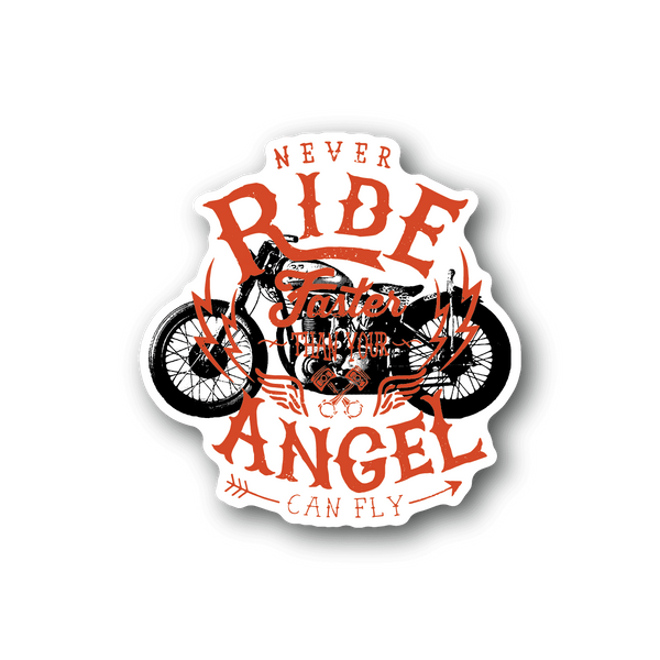 Motorcycle vinyl sticker, angel graphic with red and black text