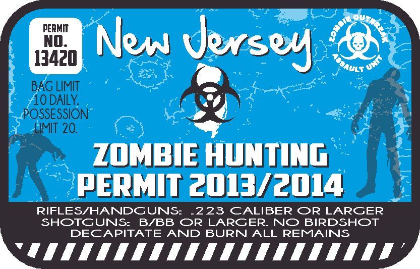 New Jersey zombie hunting permit sticker, blue badge with Permit No. 13420 text