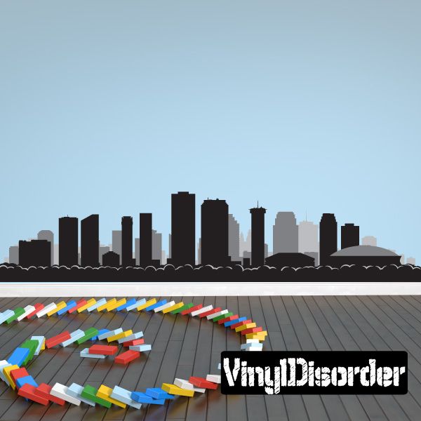 New Orleans skyline decal with dark city silhouette and multicolor tile border