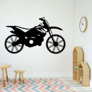 Motorcycle decal silhouette in black with wheels and front suspension detail