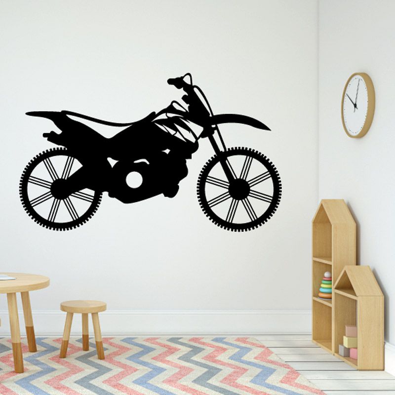 Motorcycle decal silhouette in black with wheels and front suspension detail