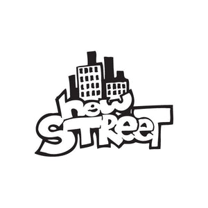 Graffiti street decal in black and white with stylized word and city skyline