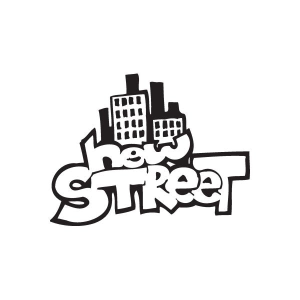 Graffiti street decal in black and white with stylized word and city skyline