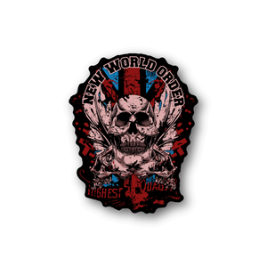 Vinyl sticker with skull graphic, arched text, and red black splash background