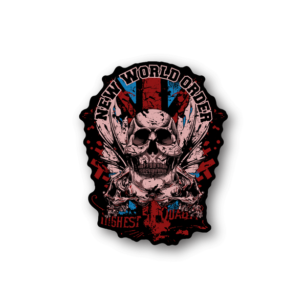 Vinyl sticker with skull graphic, arched text, and red black splash background
