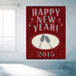 Happy New Year 2015 sticker with champagne glasses, red background