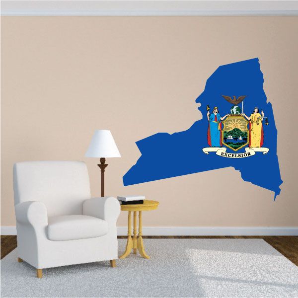 New York state flag sticker in blue silhouette outline