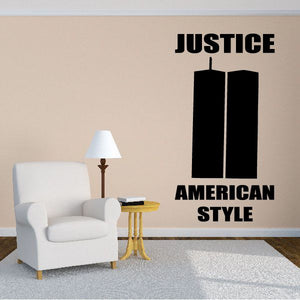 Twin Towers decal with black towers and text 'JUSTICE' and 'AMERICAN STYLE'