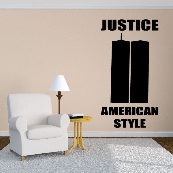 Twin Towers decal with black towers and text 'JUSTICE' and 'AMERICAN STYLE'