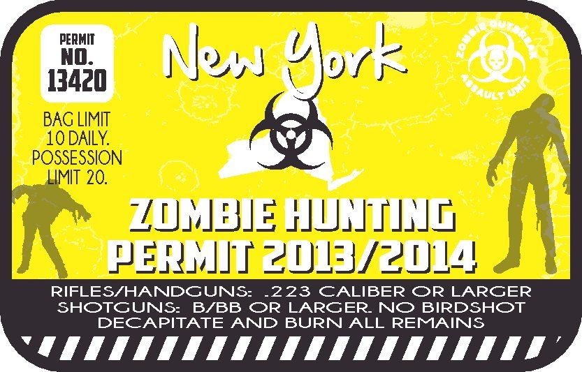 Zombie hunting permit sticker: New York, biohazard icon, yellow