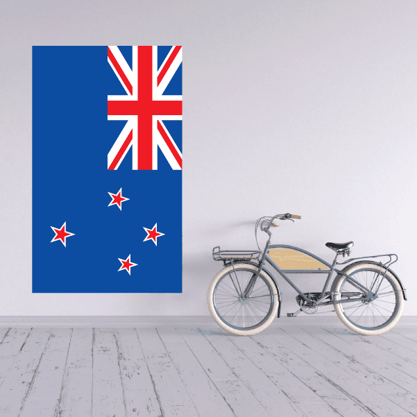 New Zealand flag sticker with blue background, Union Jack, and red stars.