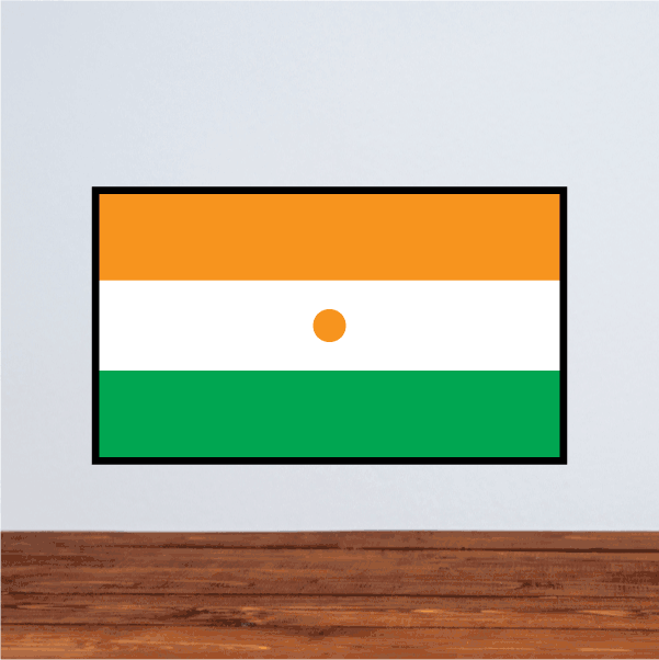 Rectangular Niger flag sticker with orange, white band, green stripes and small orange dot