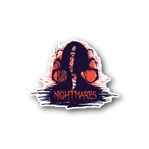 Nightmares vinyl sticker with orange-red character and purple text