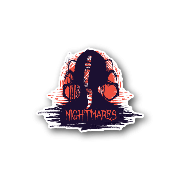 Nightmares vinyl sticker with orange-red character and purple text