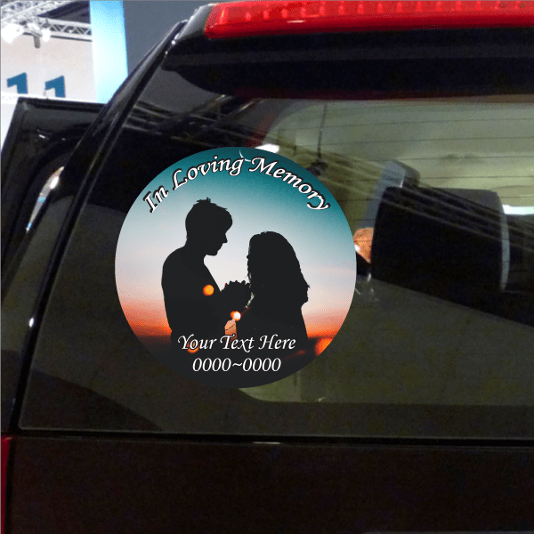 Round memorial sticker with couple silhouettes and text “In Loving Memory / Your Text Here”