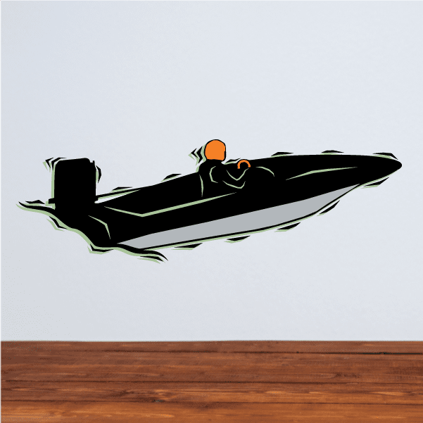Speedboat printed decal featuring a black boat with orange driver silhouette